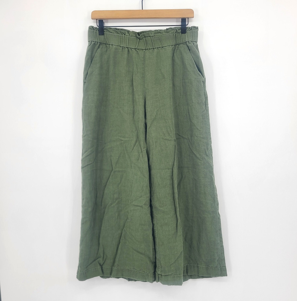 LOFT Wide Leg Olive Linen Elastic Waist Pants Earthy Boho Chic Coastal Size M